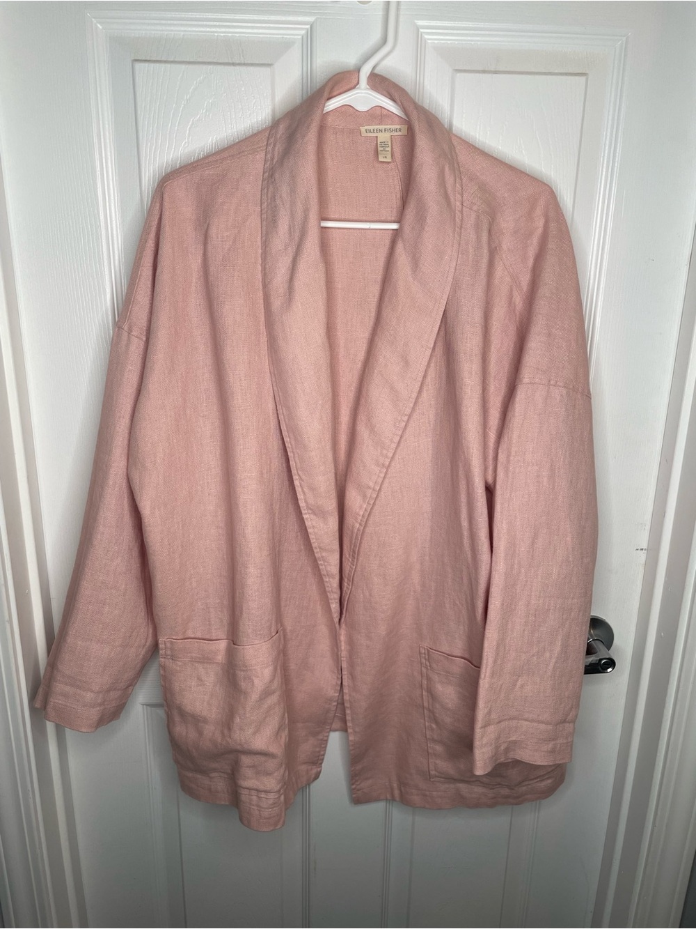 Eileen Fisher 100% Organic Linen Open Front Blazer Quiet Luxury in Pale Pink L